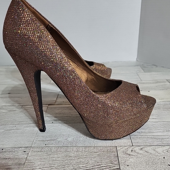 Forever 21 Burnished‎ Gold Glitter Platform Heels Size 7 Open Toe 5.5" Heel - Picture 8 of 13